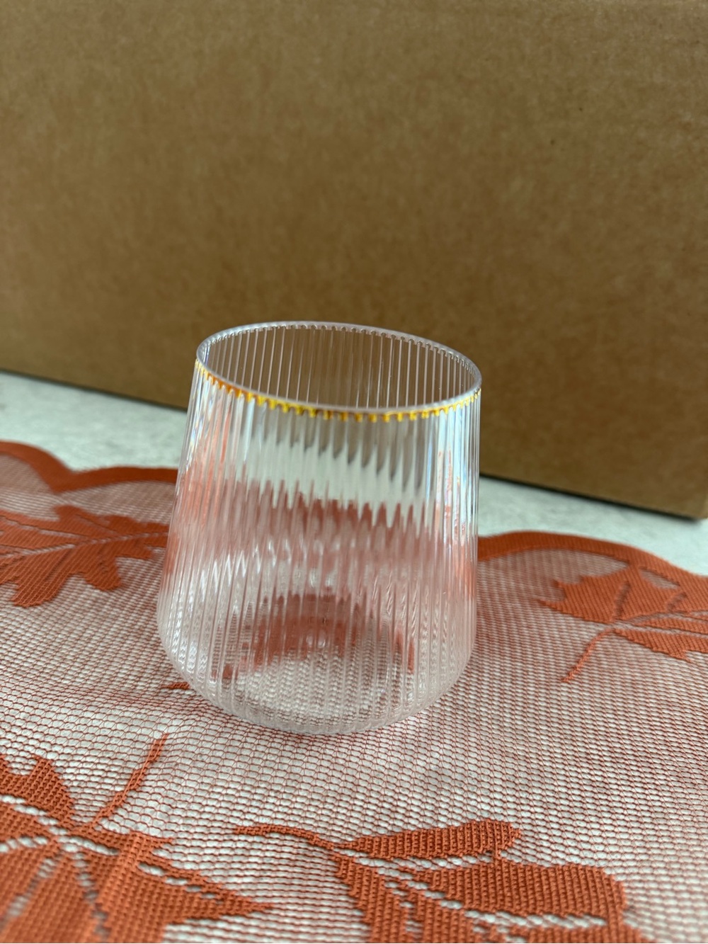 Clear Ribbed Glass Tumbler with Gold Rim